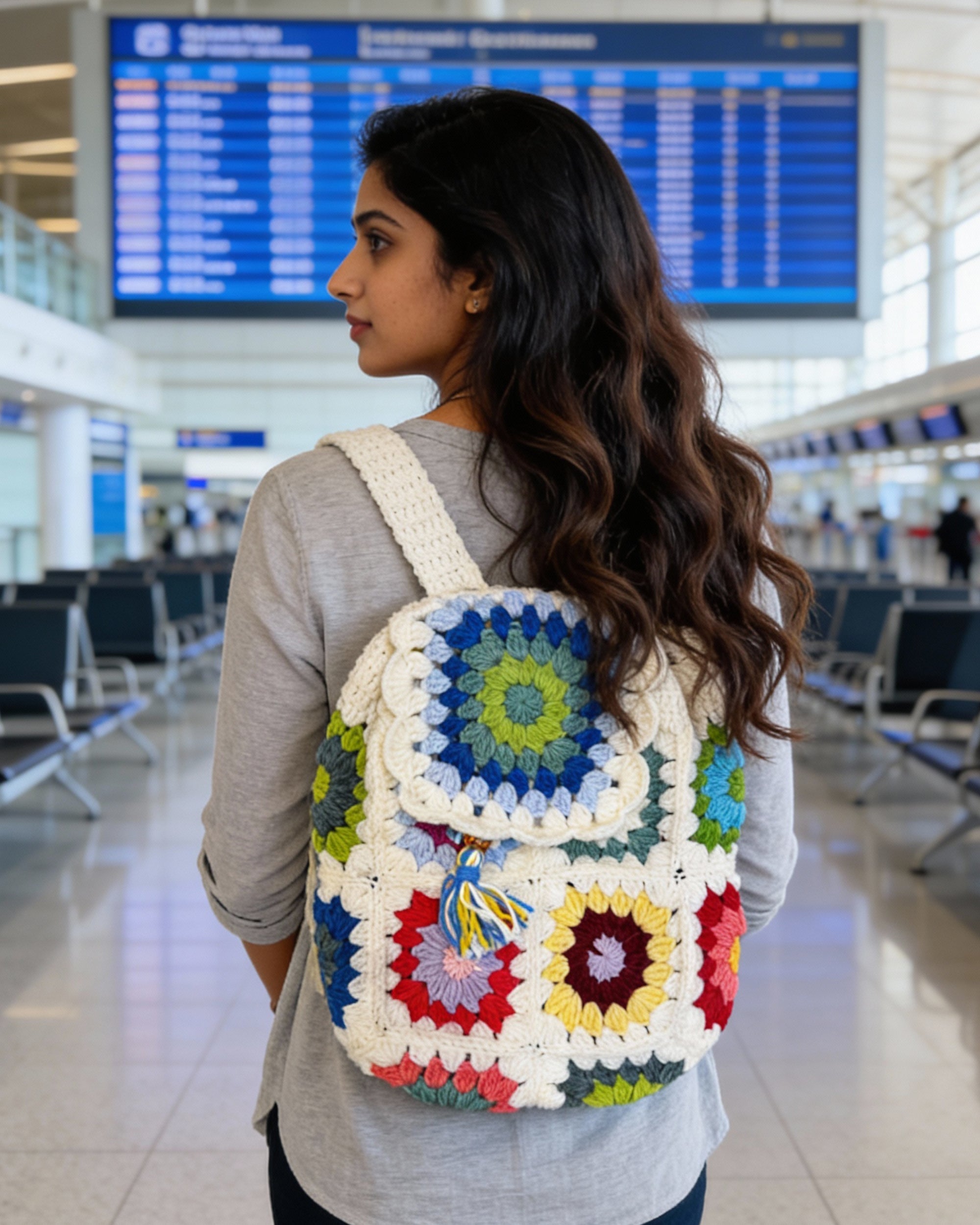 Crochet Backpack Handmade – Ivory Floral Boho Statement Bag