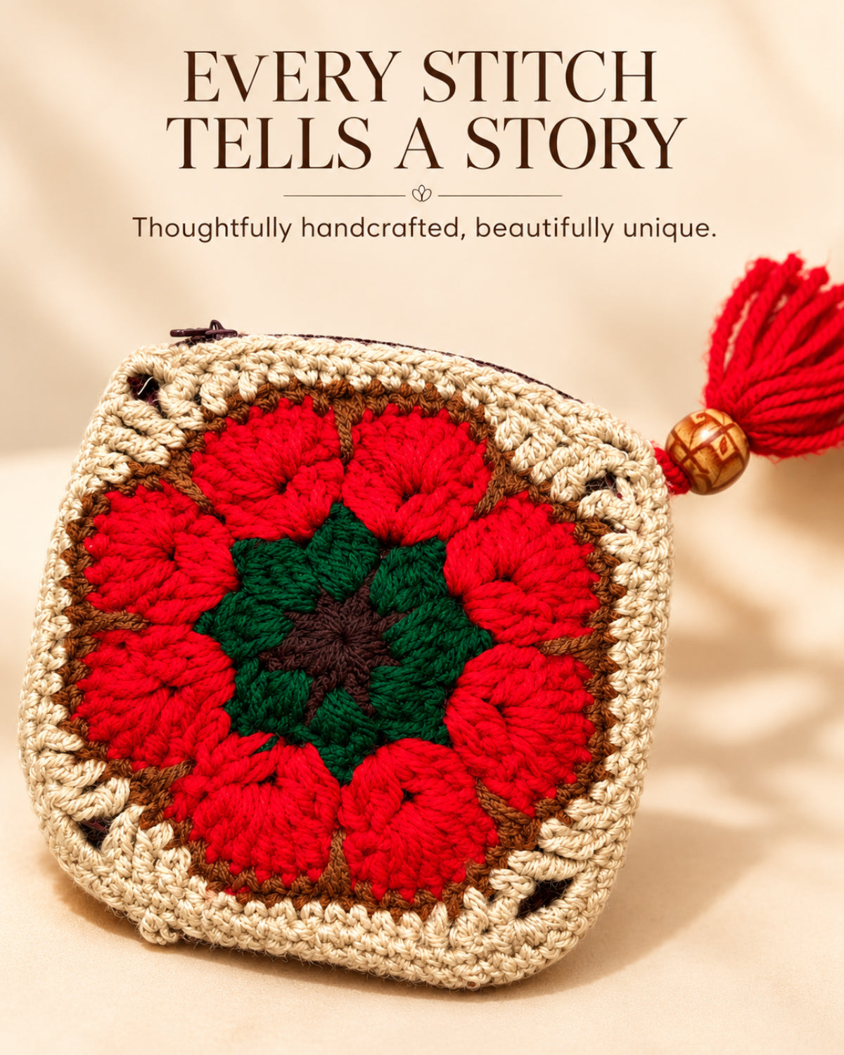 African Flower Mini Crochet Pouch with Tassel | Handmade Floral Zipper Mini Purse