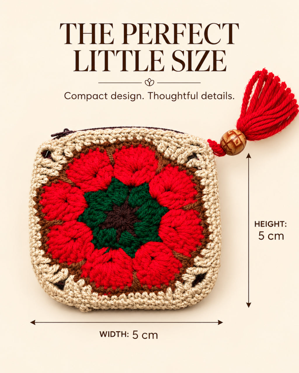African Flower Mini Crochet Pouch with Tassel | Handmade Floral Zipper Mini Purse
