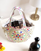 Floral Embroidered Crescent Tote - White