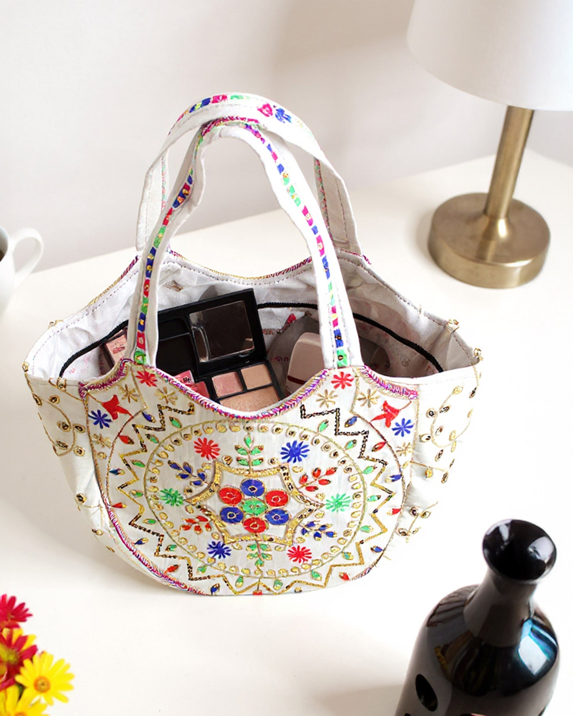 Floral Embroidered Crescent Tote - White