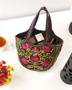 Floral Embroidered Crescent Tote - Pink & Black
