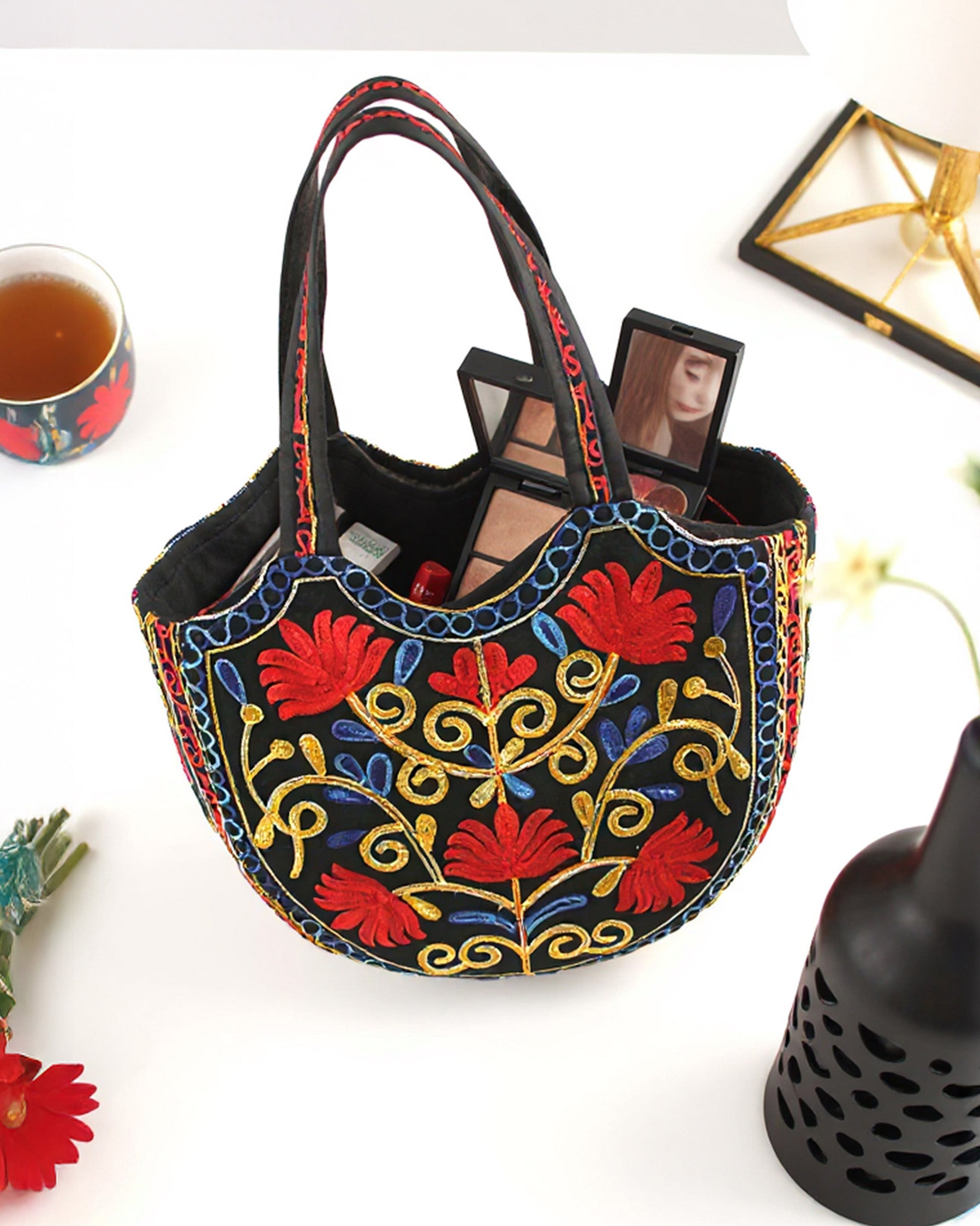 Floral Embroidered Crescent Tote - Red & Black