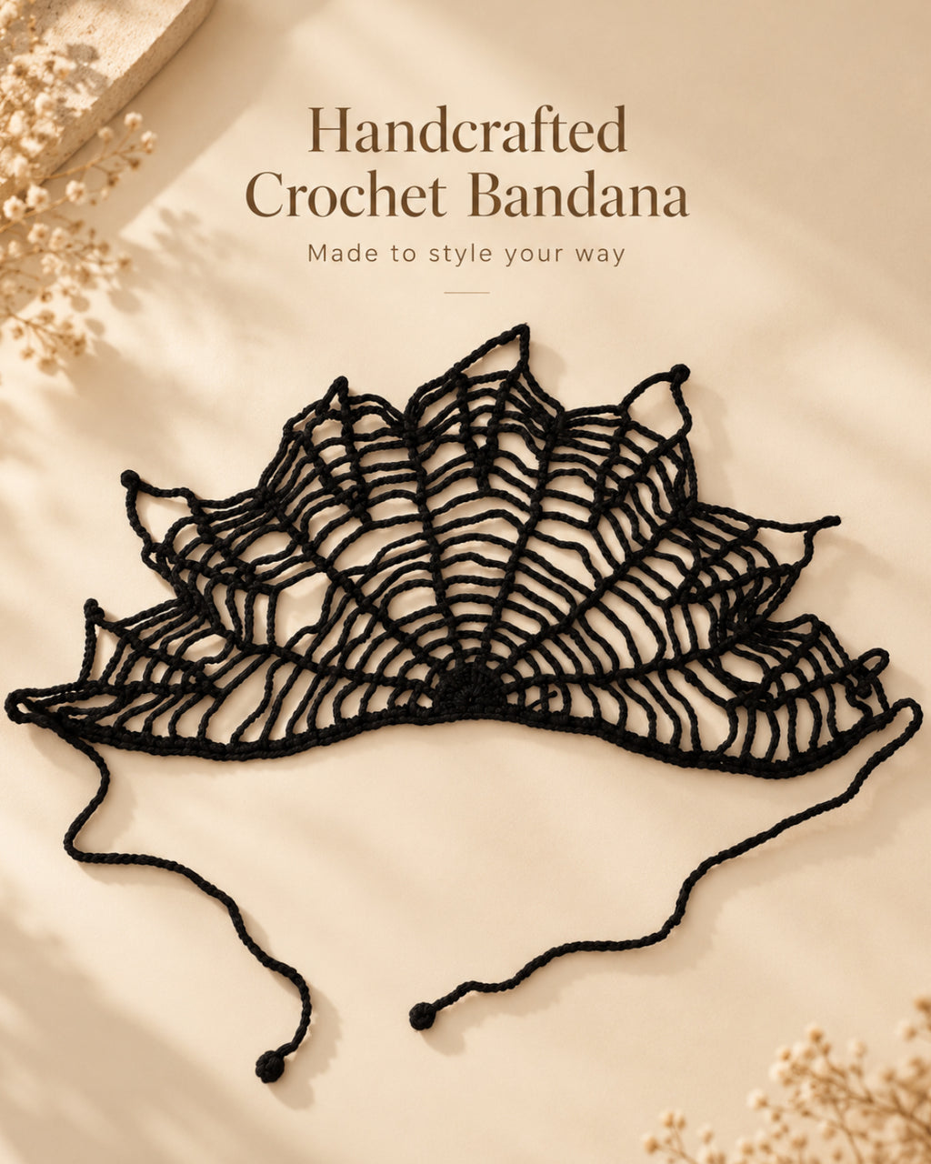 Black Spider Web Crochet Bandana – Handmade Hair Scarf
