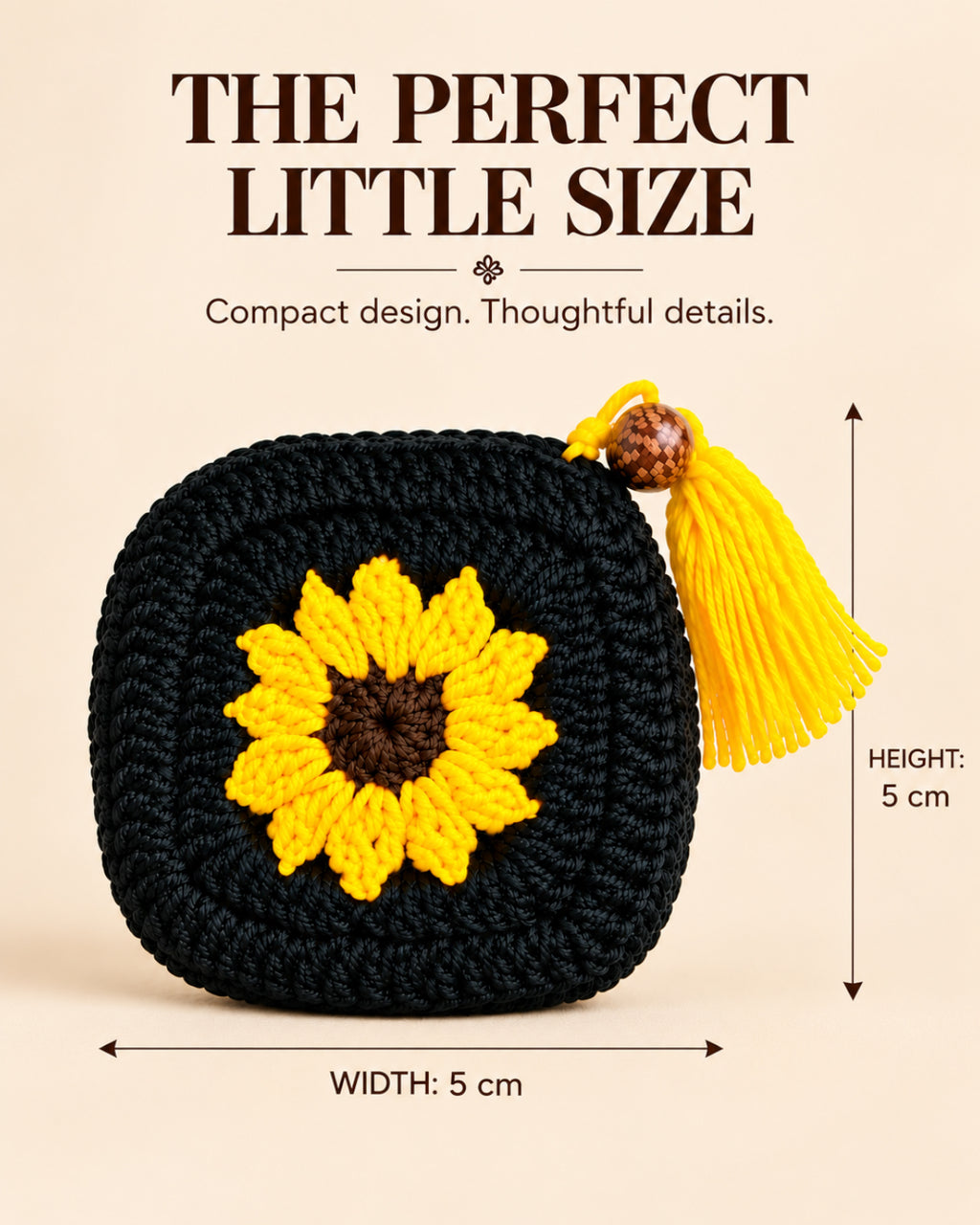 Black & Yellow Sunflower Mini Crochet Pouch | Handmade Floral Zipper Mini Purse