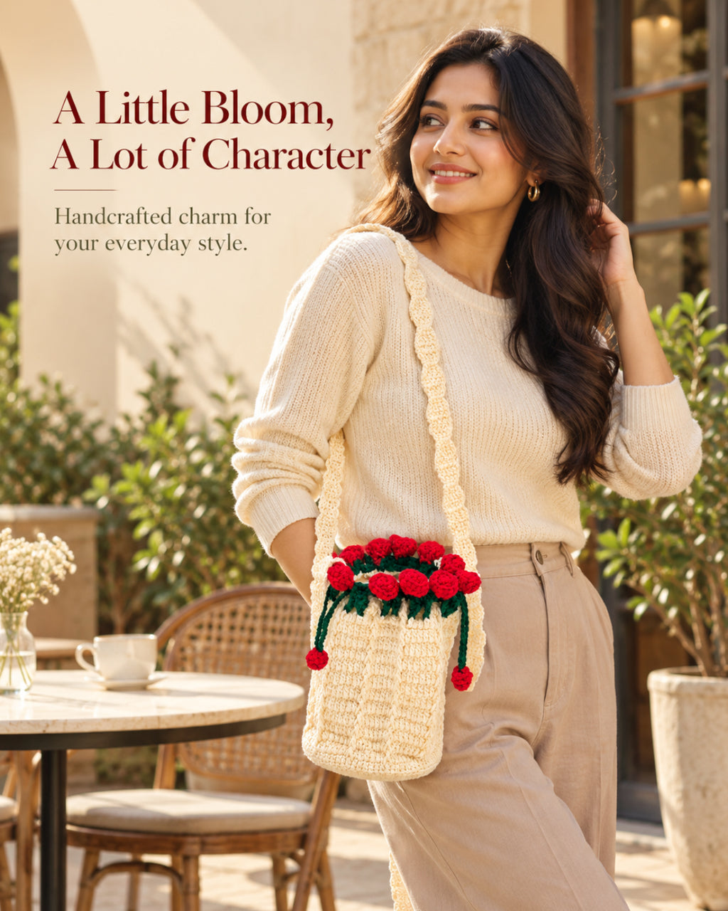 Blooming Roses Crochet Bucket Sling Bag – Cream