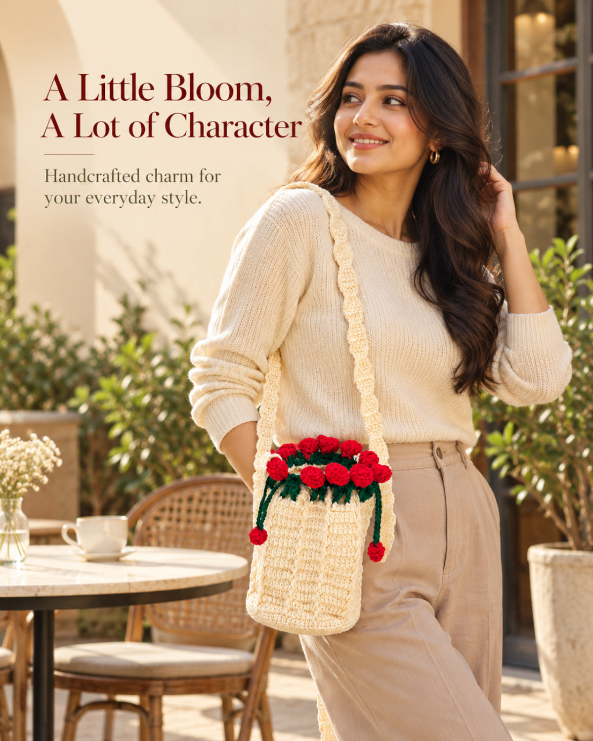 Blooming Roses Crochet Bucket Sling Bag – Cream