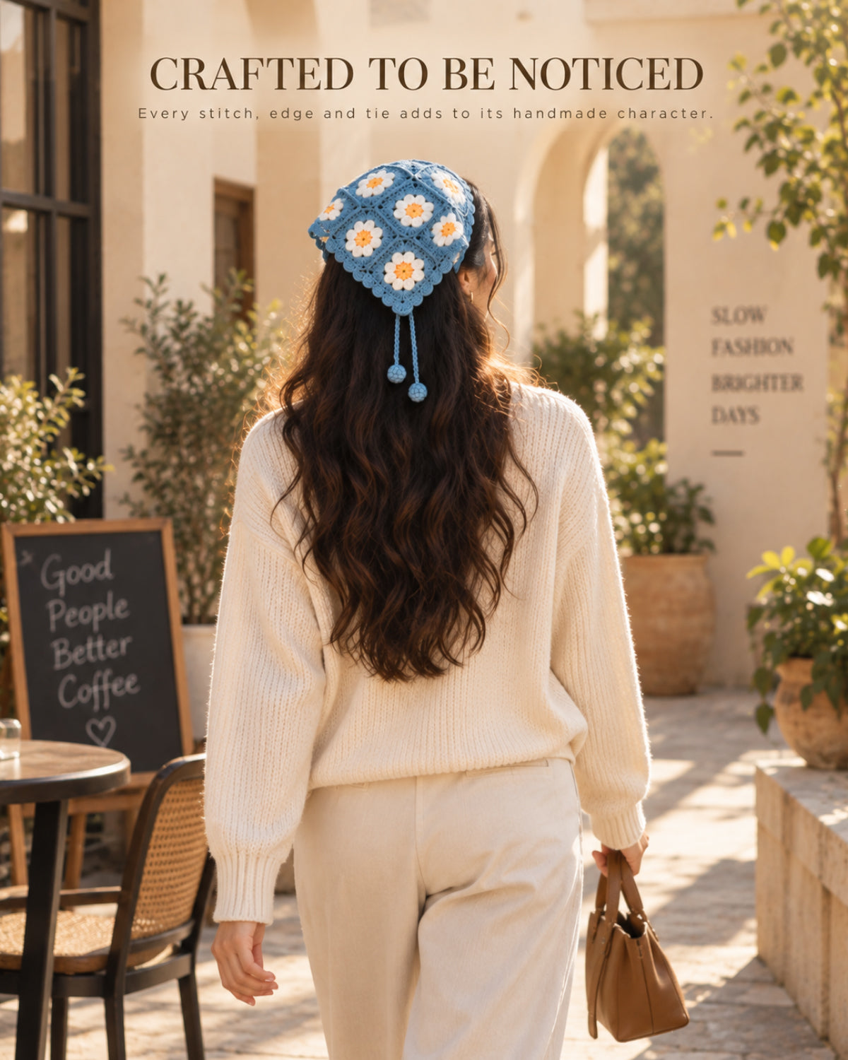 Blue Daisy Crochet Bandana – Handcrafted Floral Head Scarf