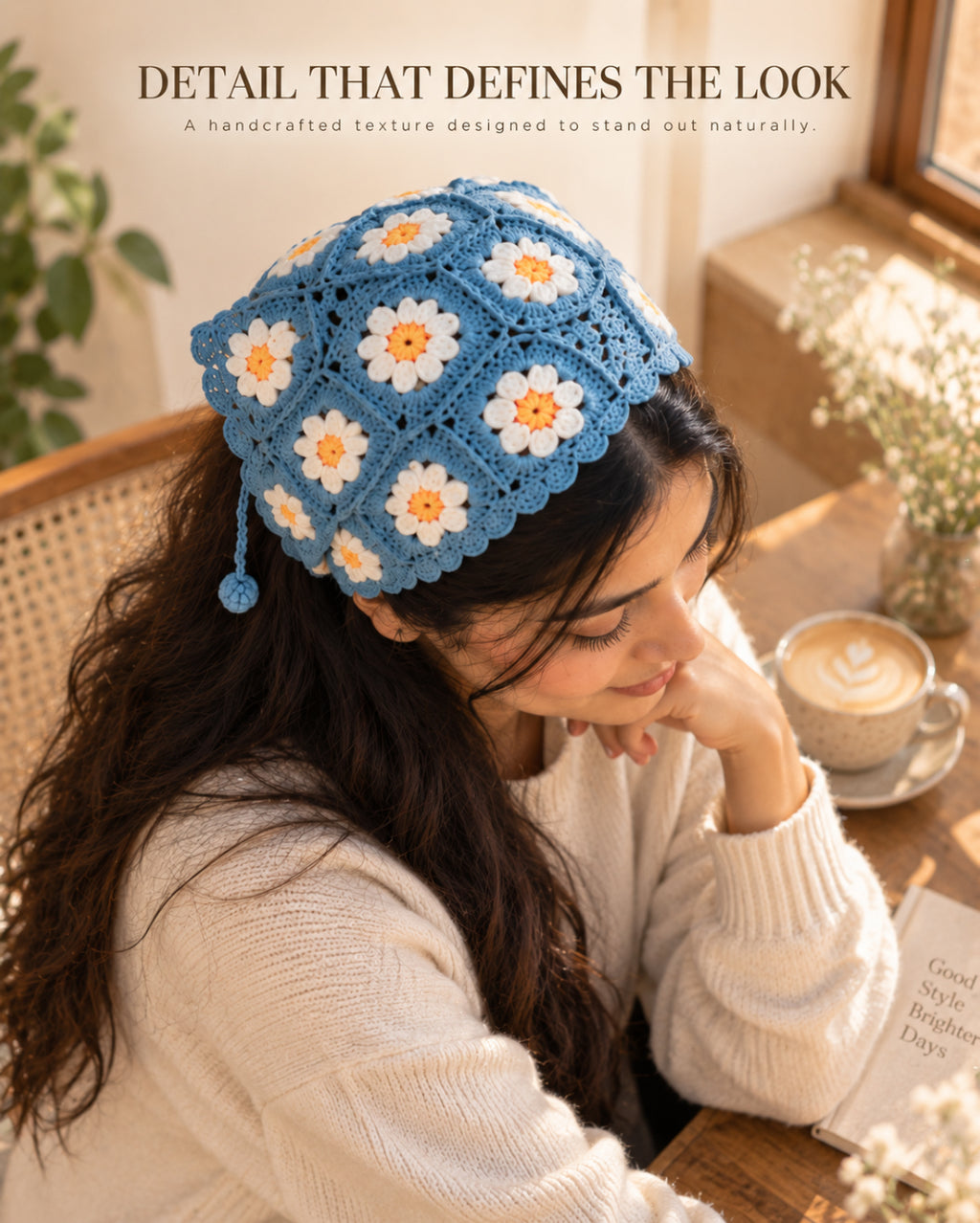 Blue Daisy Crochet Bandana – Handcrafted Floral Head Scarf