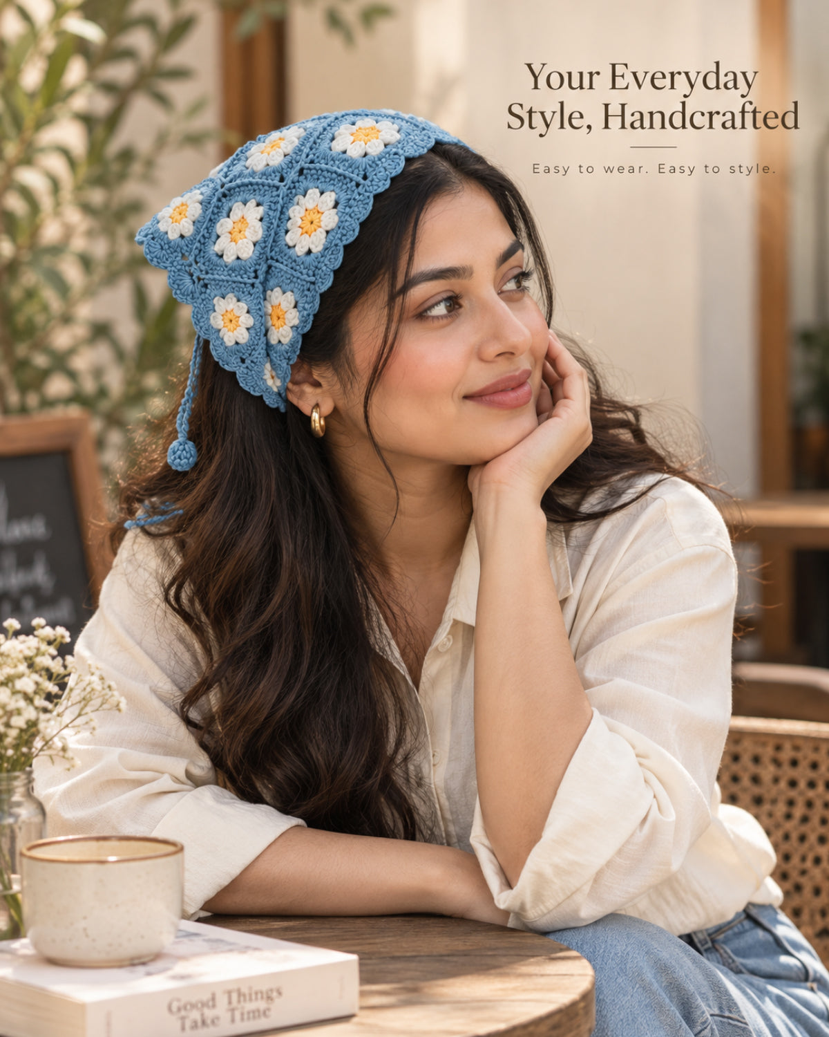 Blue Daisy Crochet Bandana – Handcrafted Floral Head Scarf