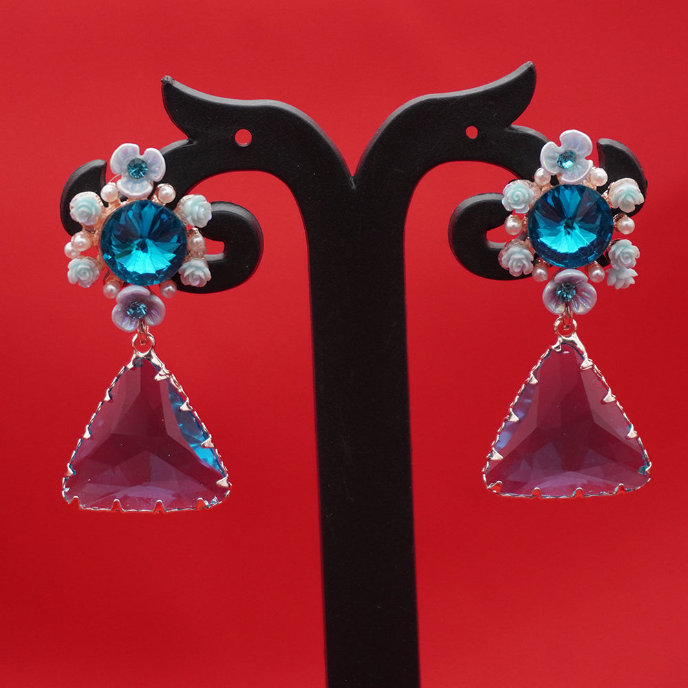 Blue Crystal Drop Earrings – Floral Statement