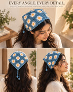 Blue Daisy Crochet Bandana – Handcrafted Floral Head Scarf