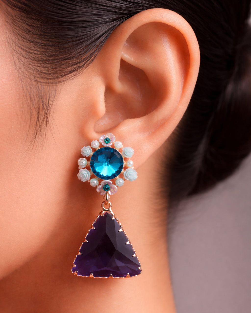 Blue Crystal Drop Earrings – Floral Statement