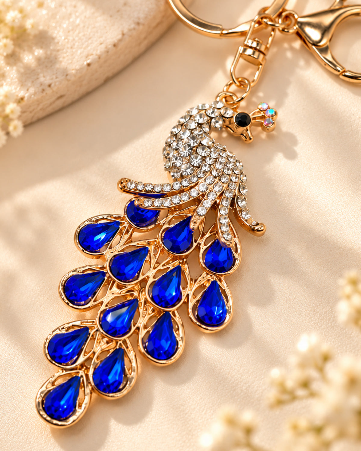 Sapphire Blue Rhinestone Peacock Keychain