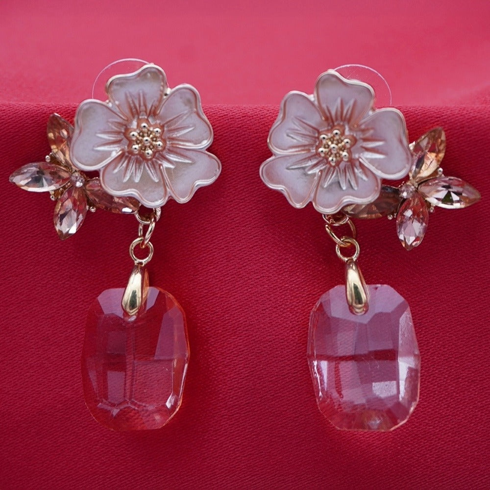 Floral Crystal Drop Earrings – Blush Enamel Flower with Pink Crystal Drop