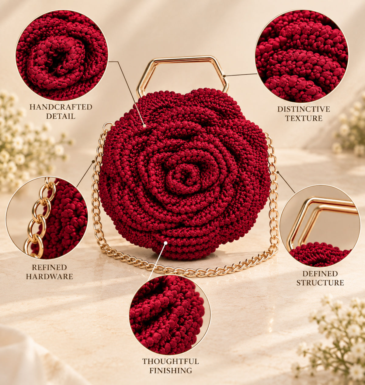3D Rose Petal Crochet Handbag – Maroon