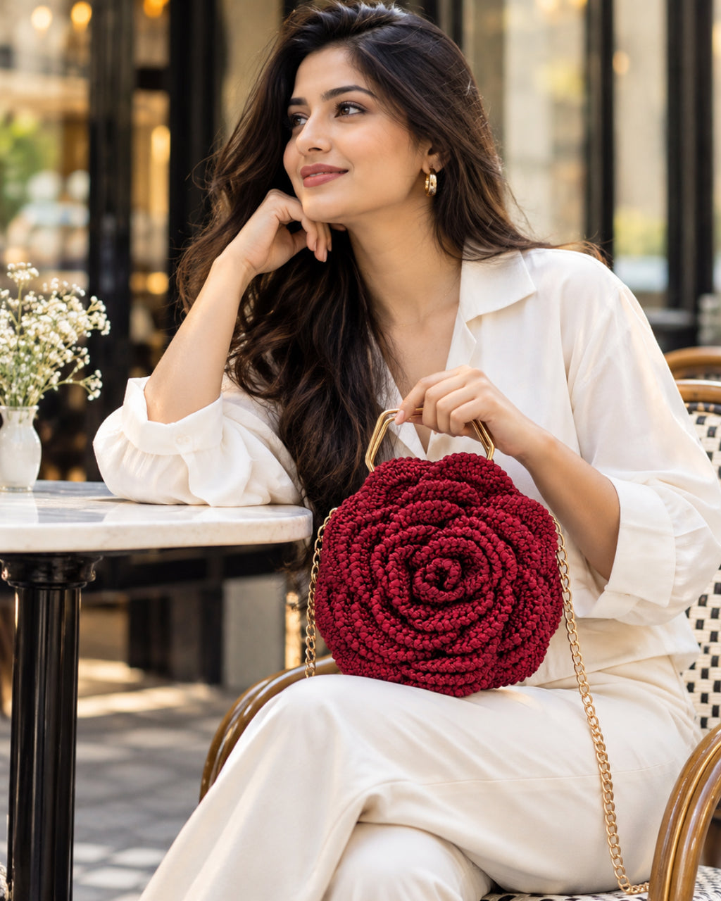 3D Rose Petal Crochet Handbag – Maroon
