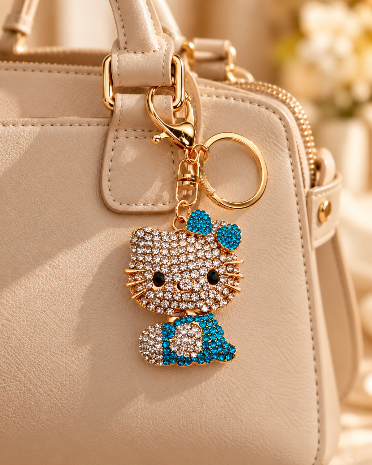 Turquoise Rhinestone Cat Keychain
