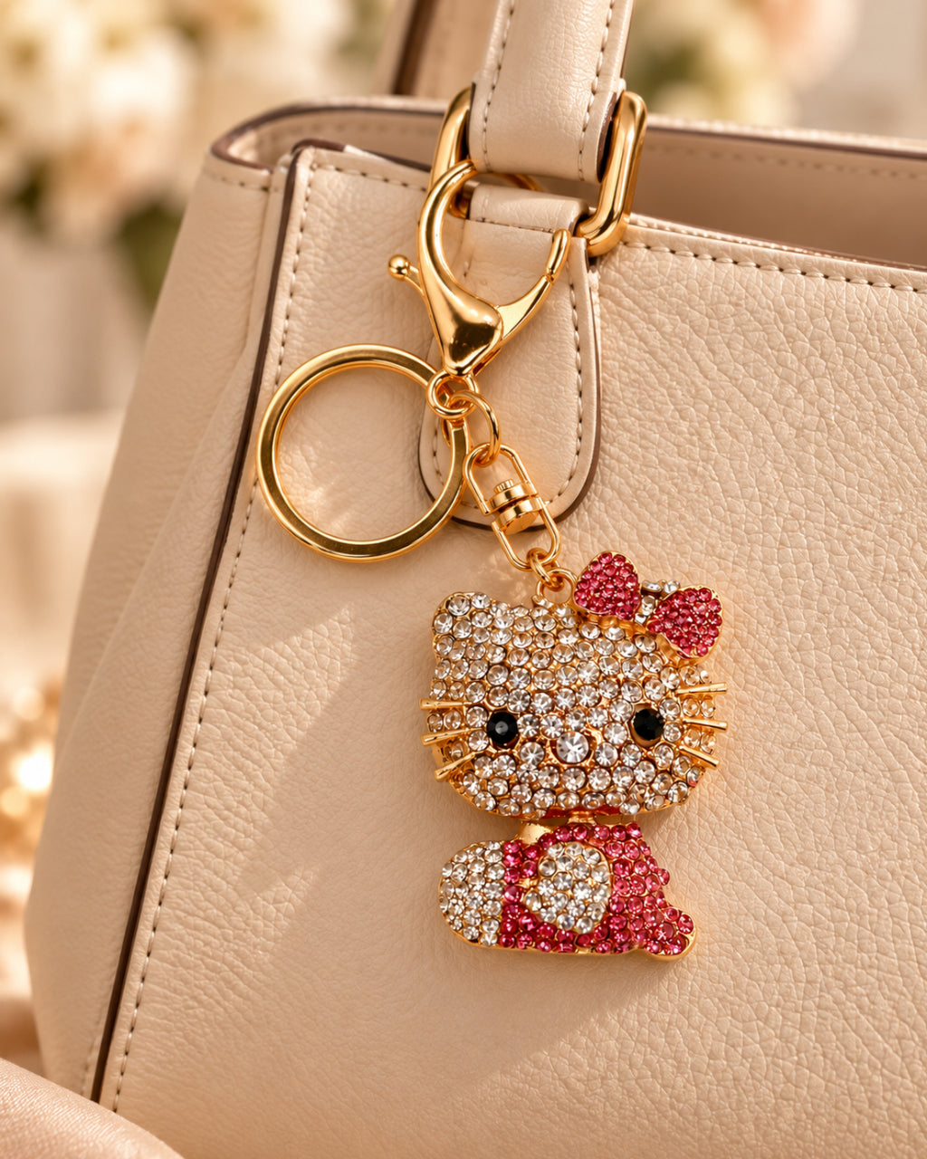 Pink Rhinestone Cat Keychain