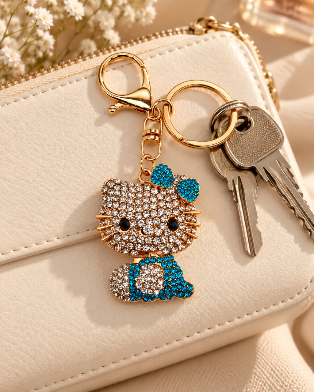 Turquoise Rhinestone Cat Keychain