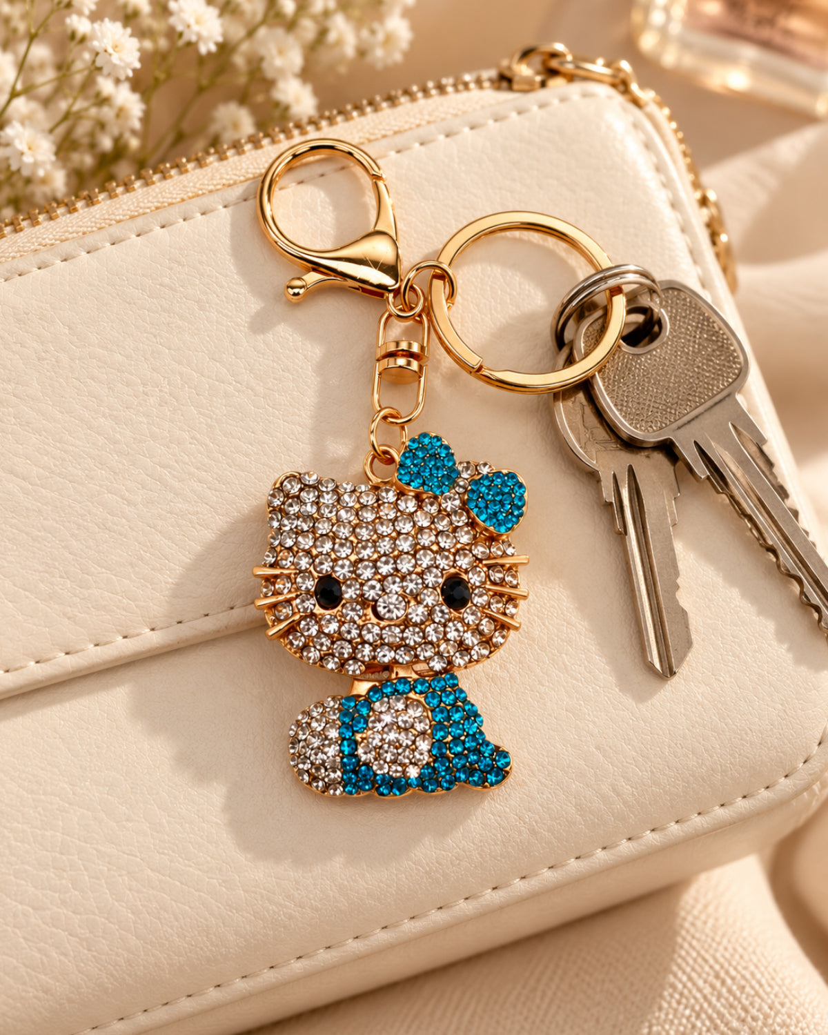 Turquoise Rhinestone Cat Keychain