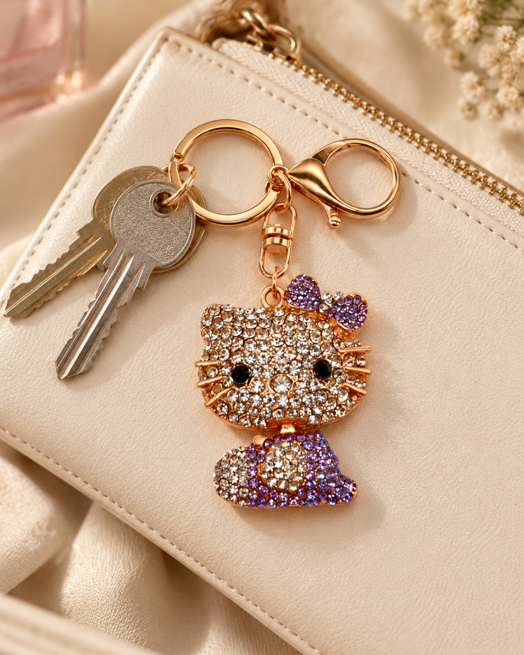 Purple Rhinestone Cat Keychain