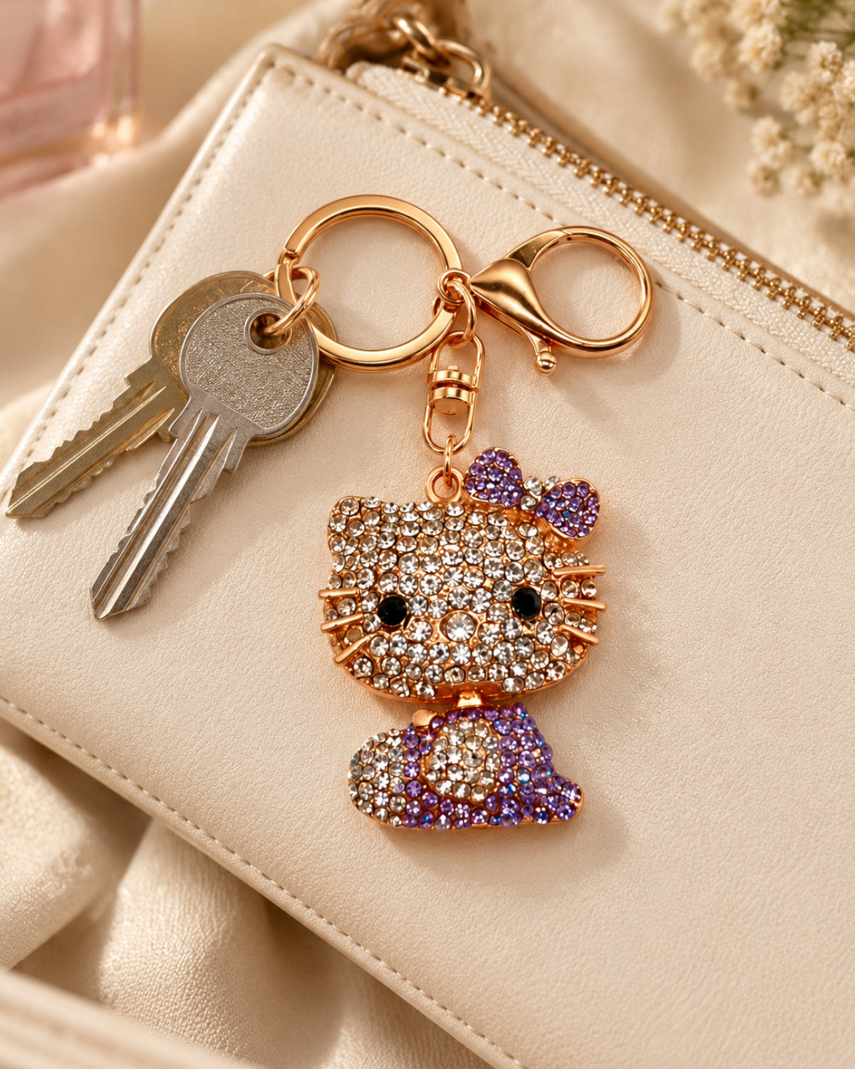 Purple Rhinestone Cat Keychain