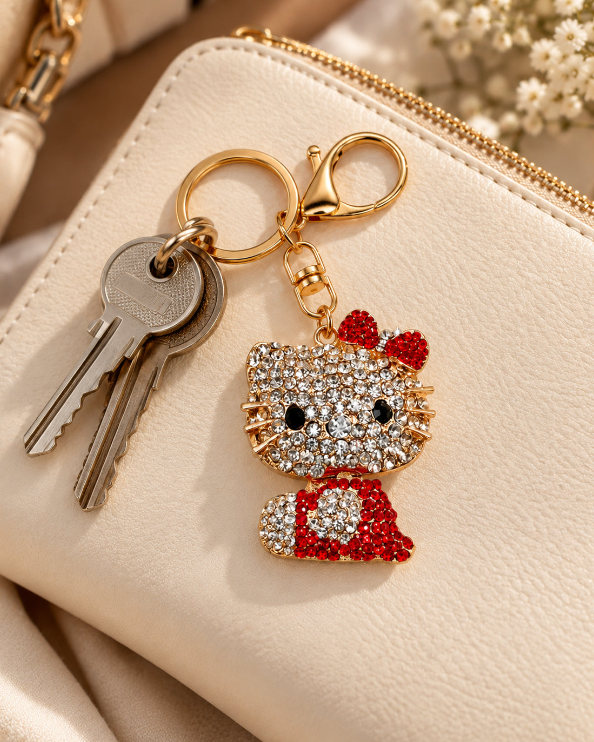 Red Rhinestone Cat Keychain