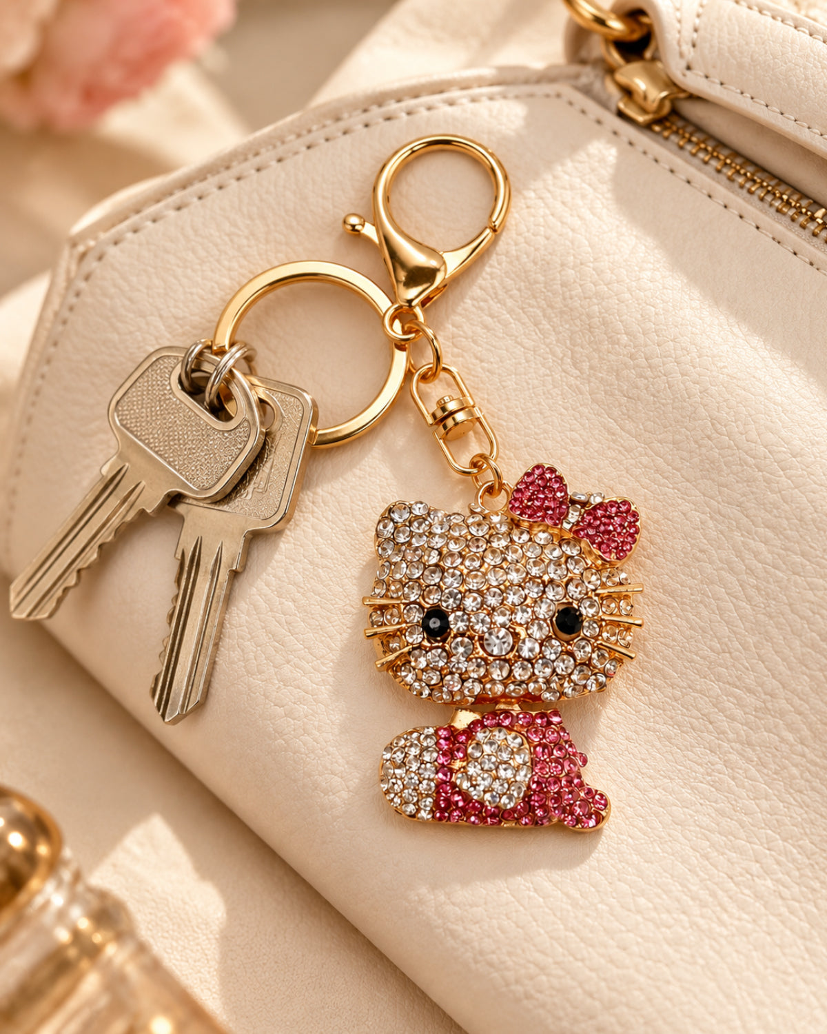 Pink Rhinestone Cat Keychain