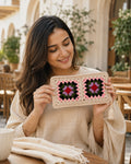 Handmade White Crochet Pouch – Colorful Granny Square