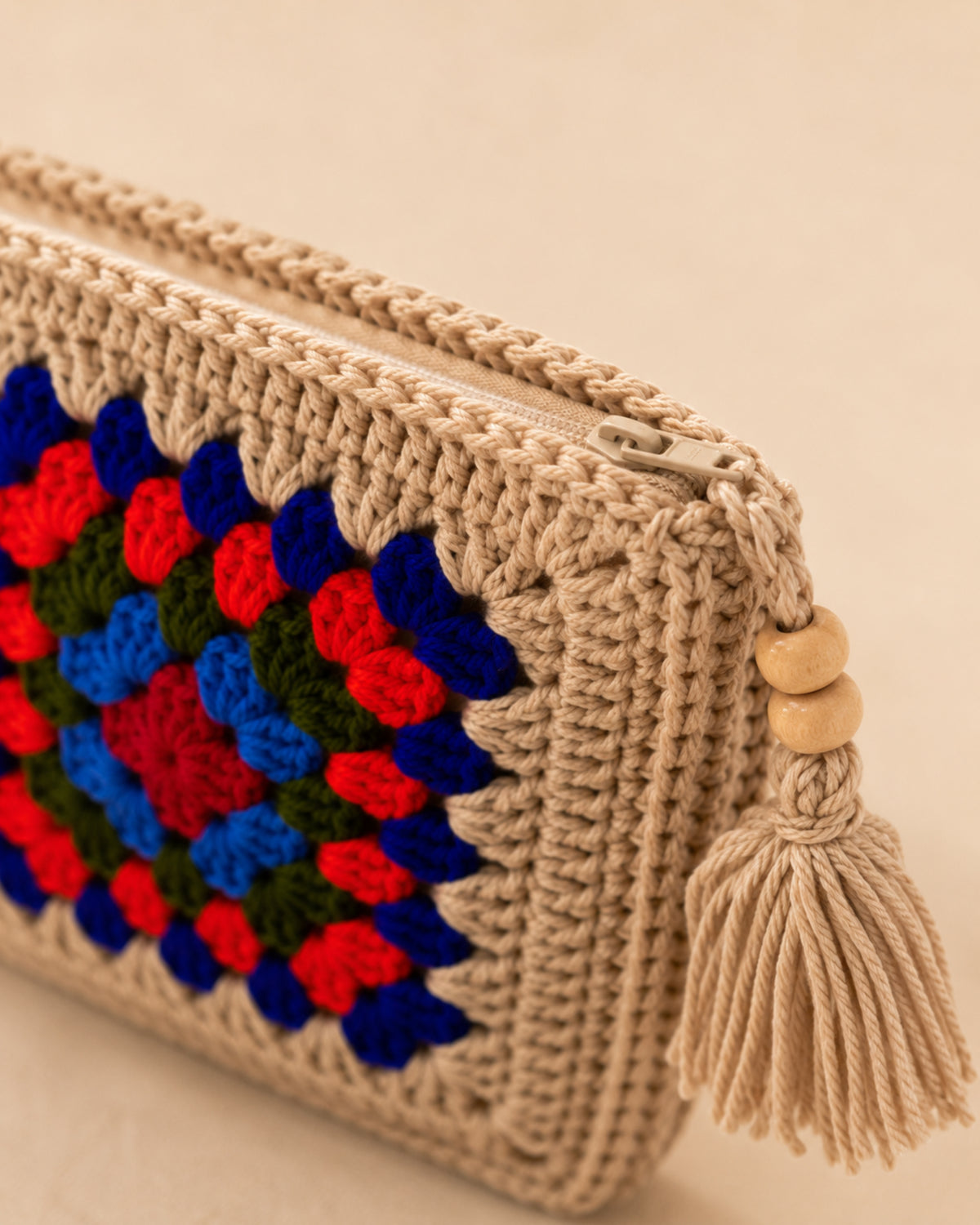 Handmade Beige Crochet Pouch – Colorful Granny Square Square