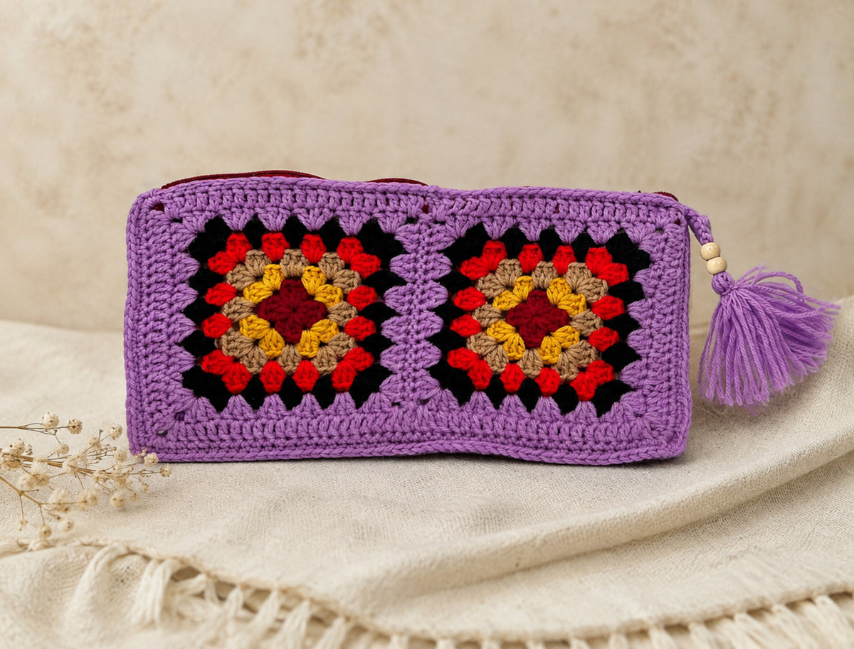 Handmade Purple Crochet Pouch – Colorful Granny Square