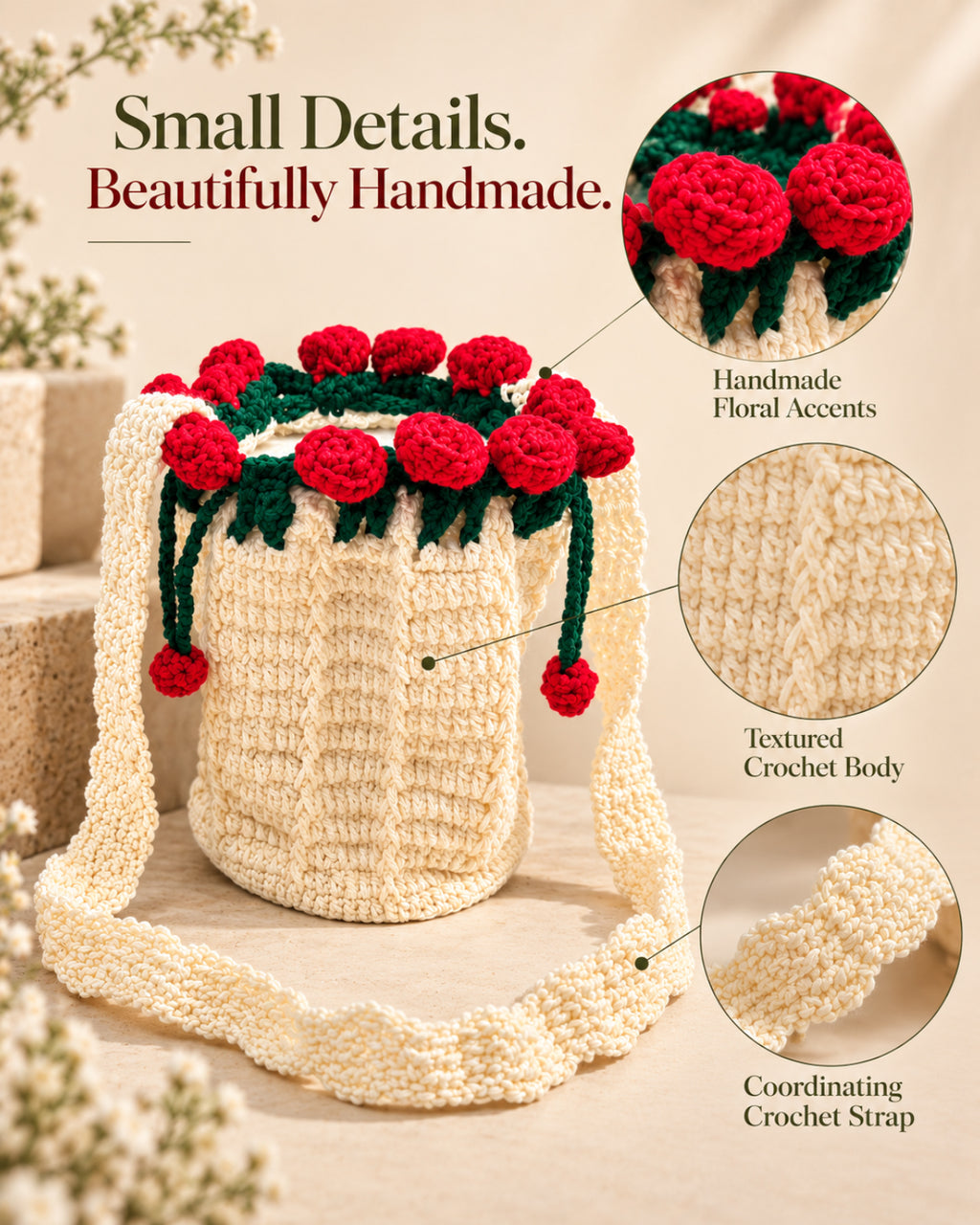 Blooming Roses Crochet Bucket Sling Bag – Cream