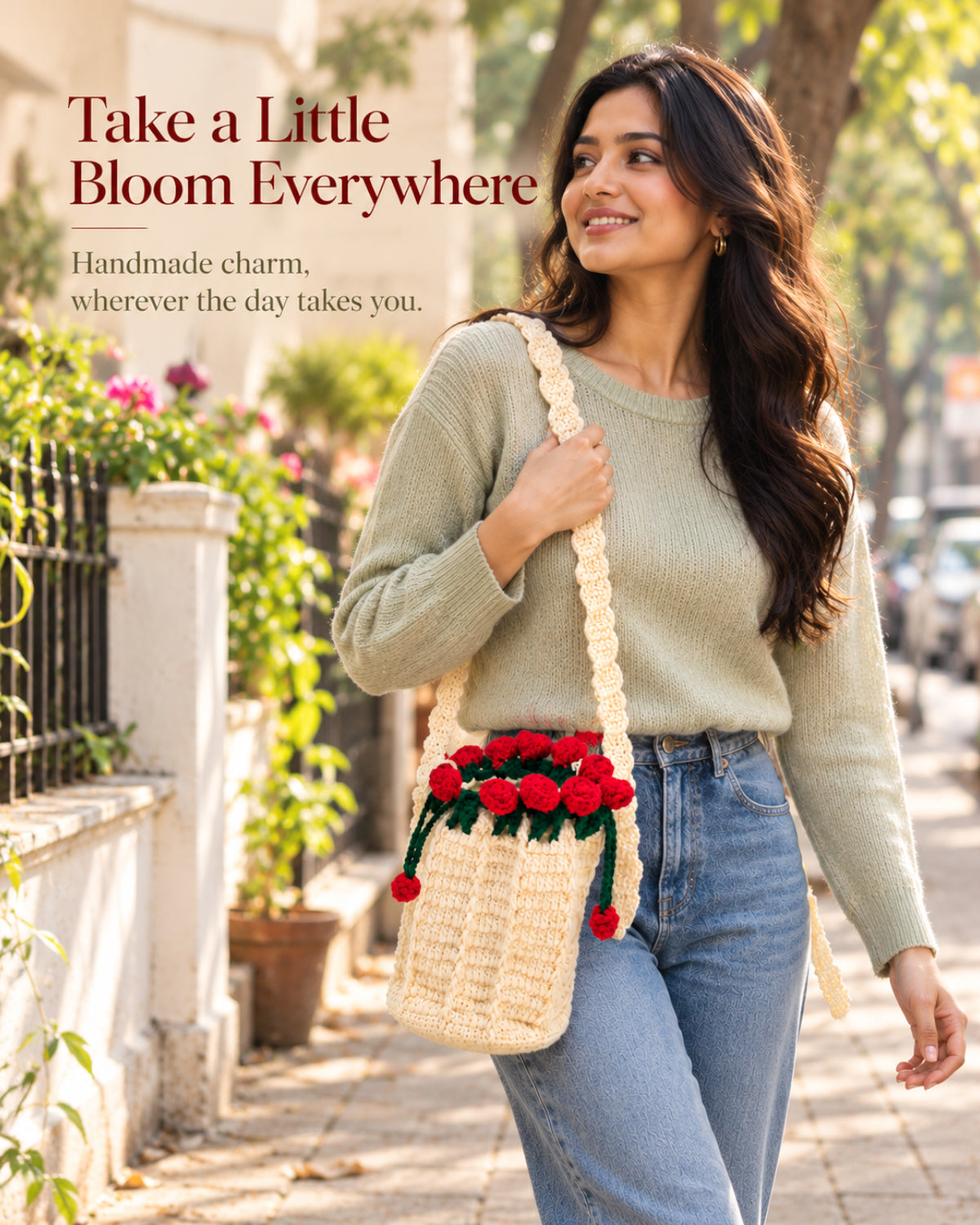Blooming Roses Crochet Bucket Sling Bag – Cream