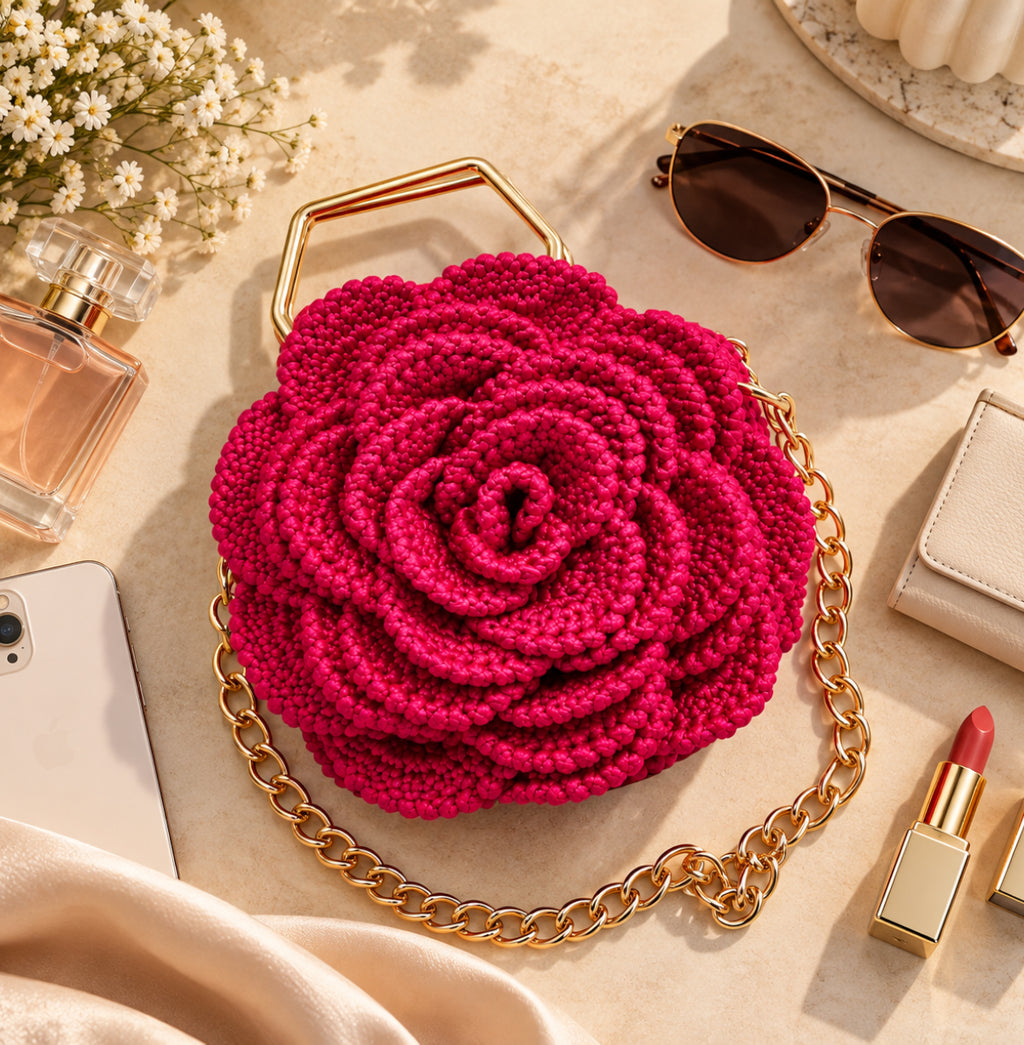 3D Rose Petal Crochet Handbag – Deep Pink