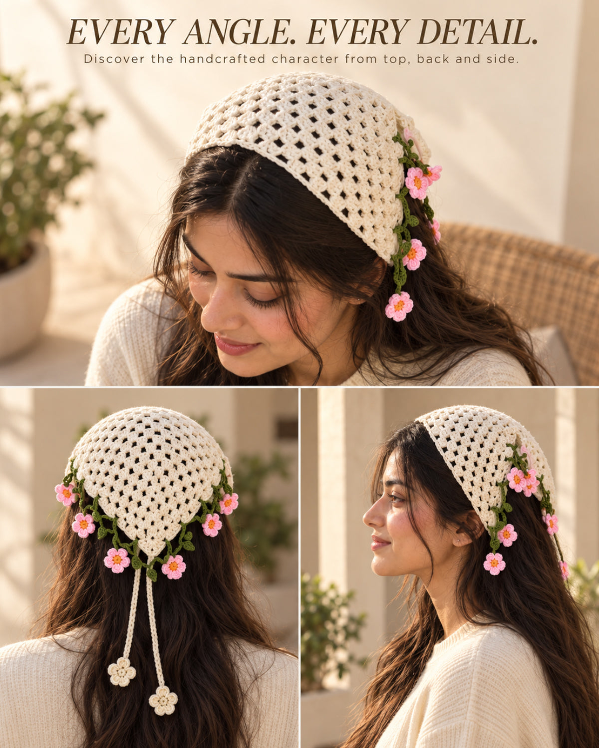 Ivory & Pink Floral Crochet Bandana – Handcrafted Floral Head Scarf