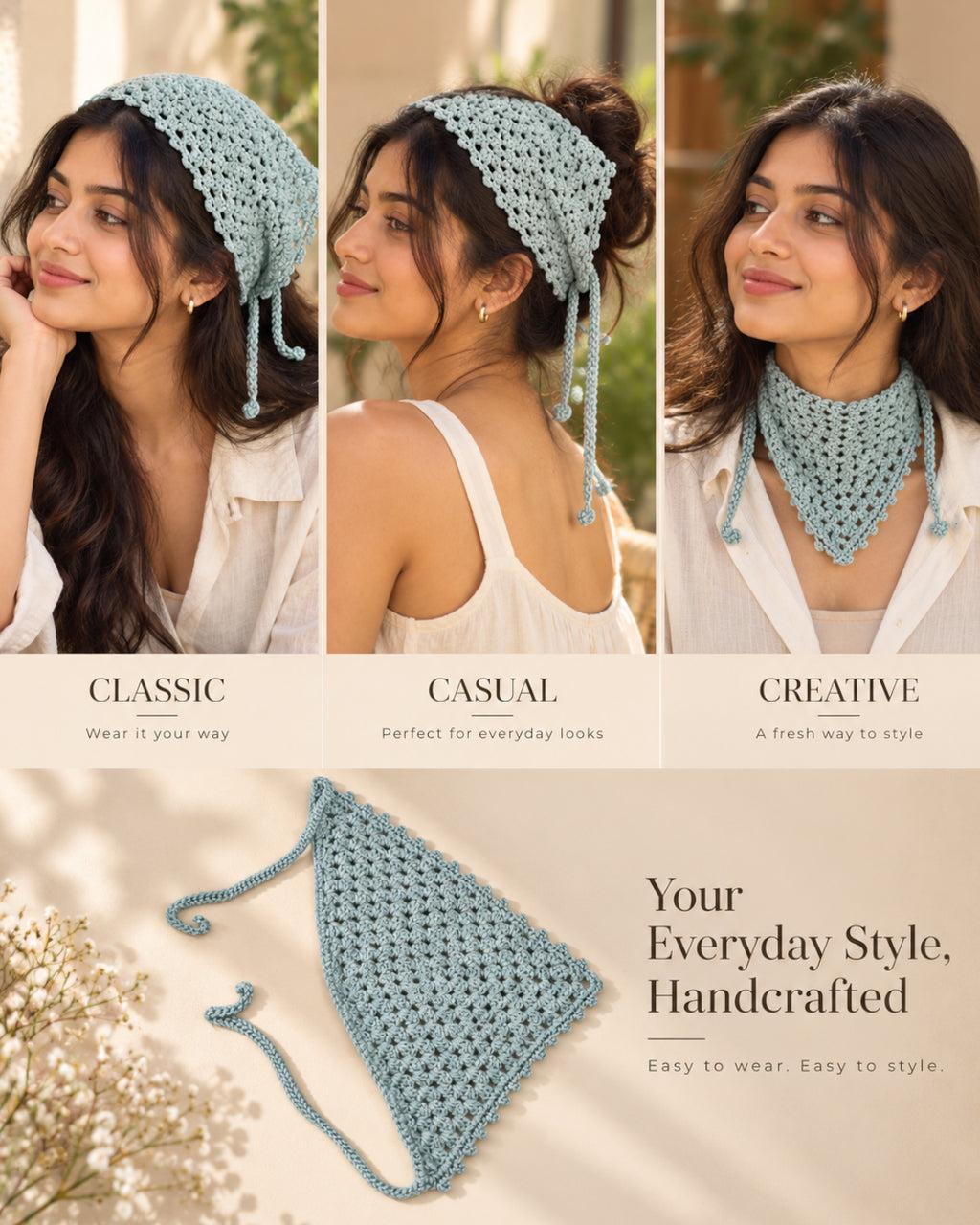 Blue Grey Handcrafted Crochet Bandana – Everyday Hair Scarf
