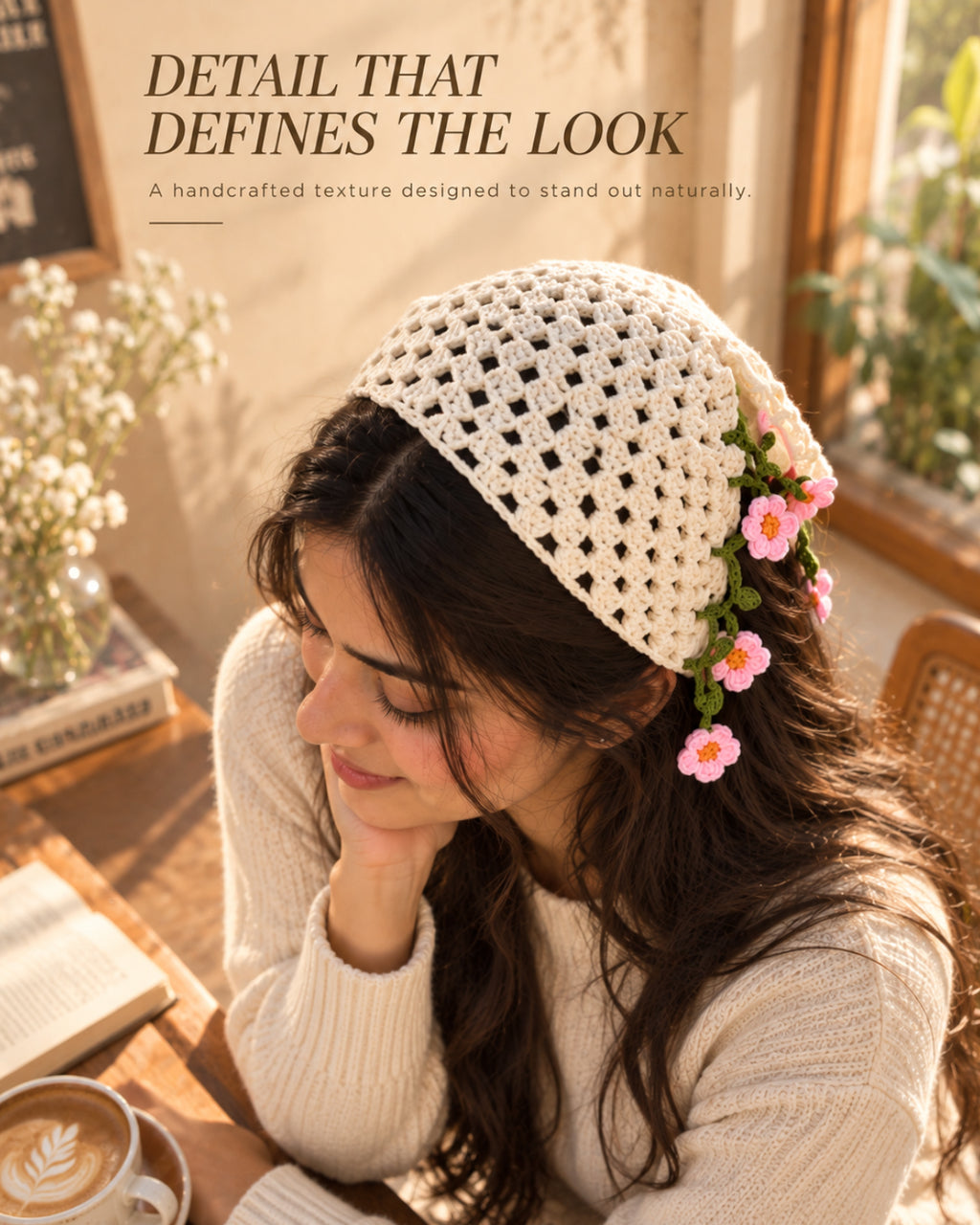 Ivory & Pink Floral Crochet Bandana – Handcrafted Floral Head Scarf
