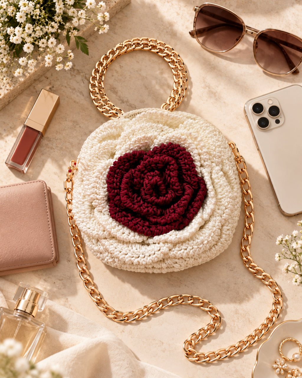 Handmade 3D Floral Clutch - White & Brown Rose
