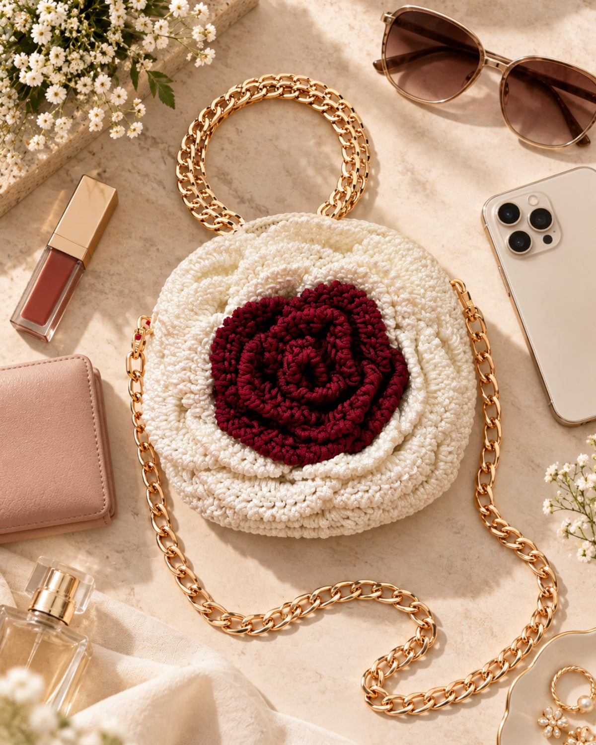 Handmade 3D Floral Clutch - White & Brown Rose