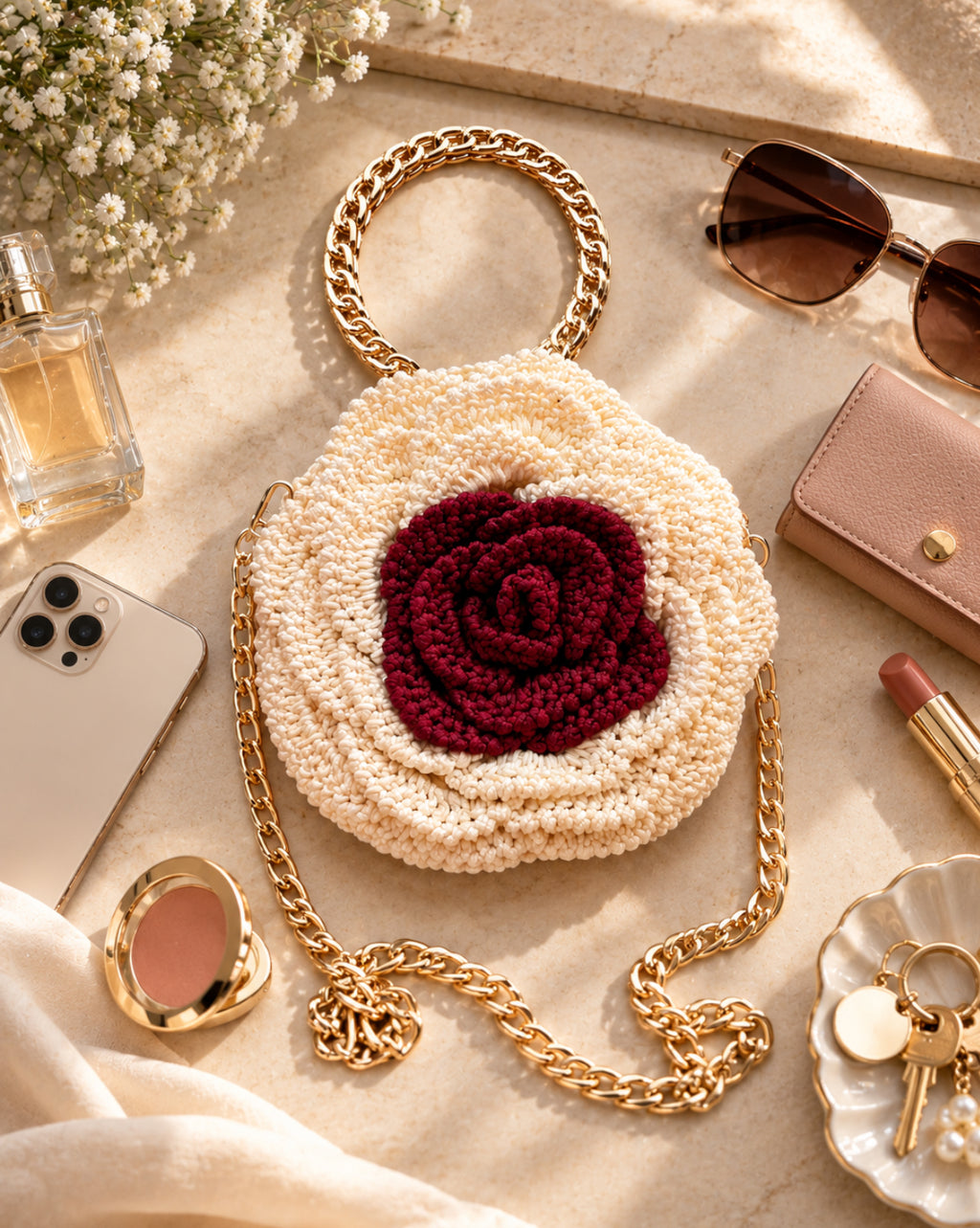3D Rose Petal Crochet Handbag – Ivory & Burgundy