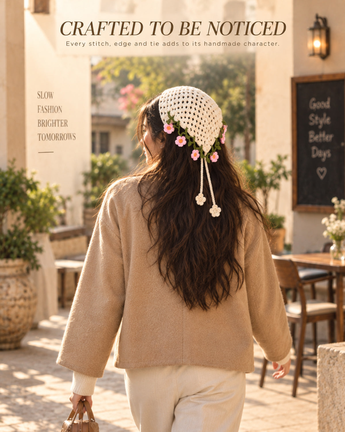 Ivory & Pink Floral Crochet Bandana – Handcrafted Floral Head Scarf