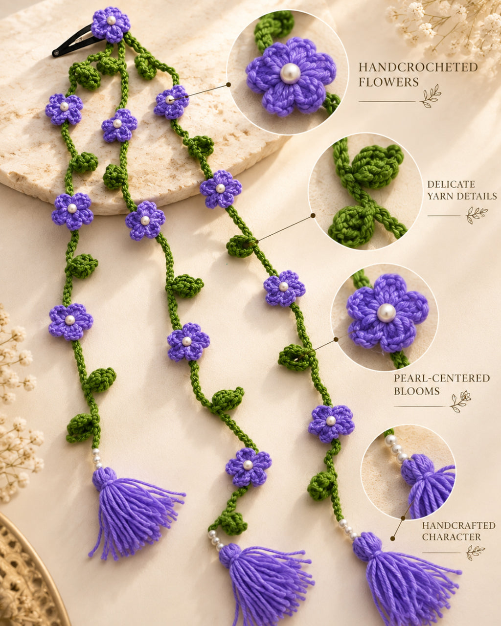 Handmade Crochet Floral Parandi Hair Clip – Lavender