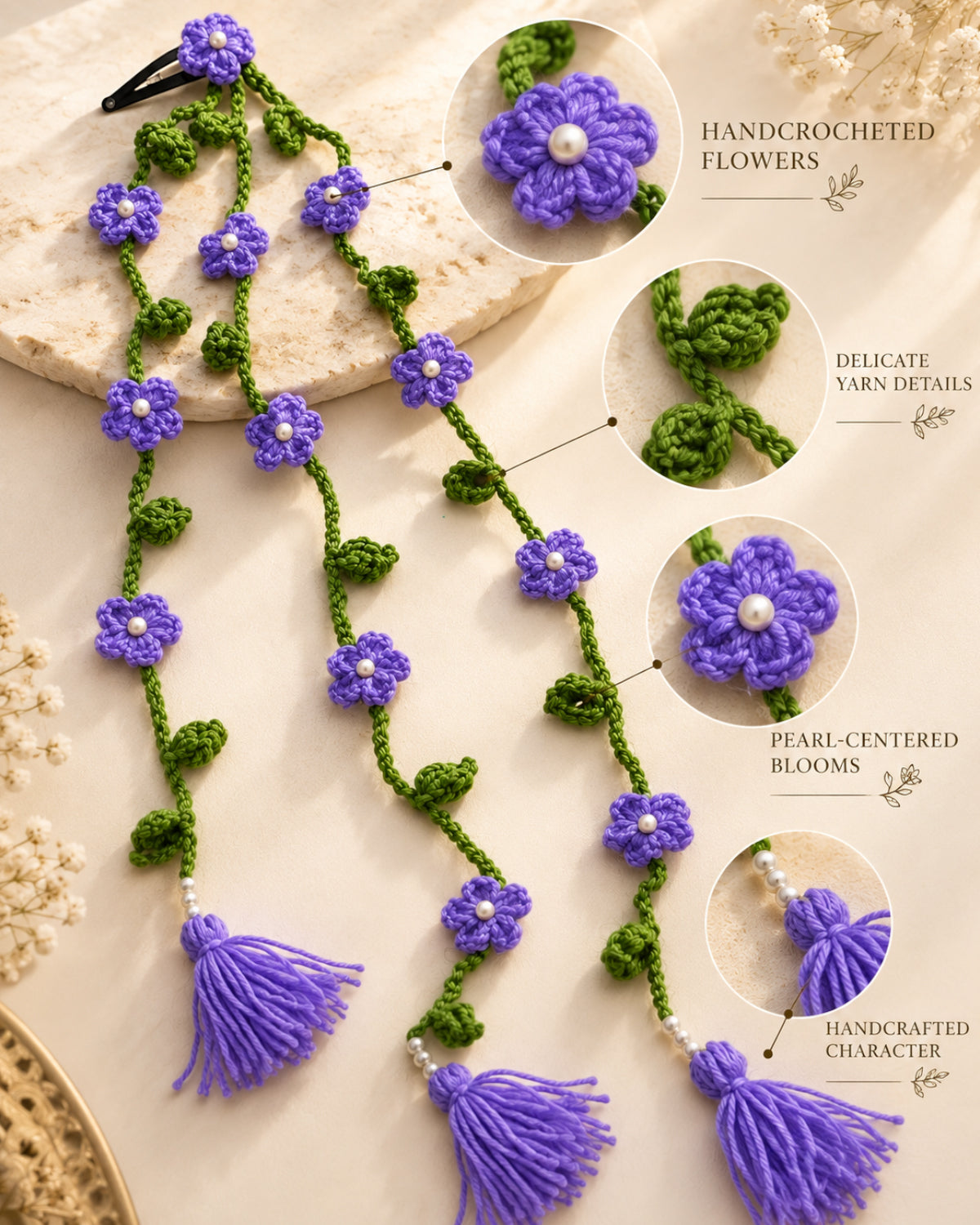 Handmade Crochet Floral Parandi Hair Clip – Lavender