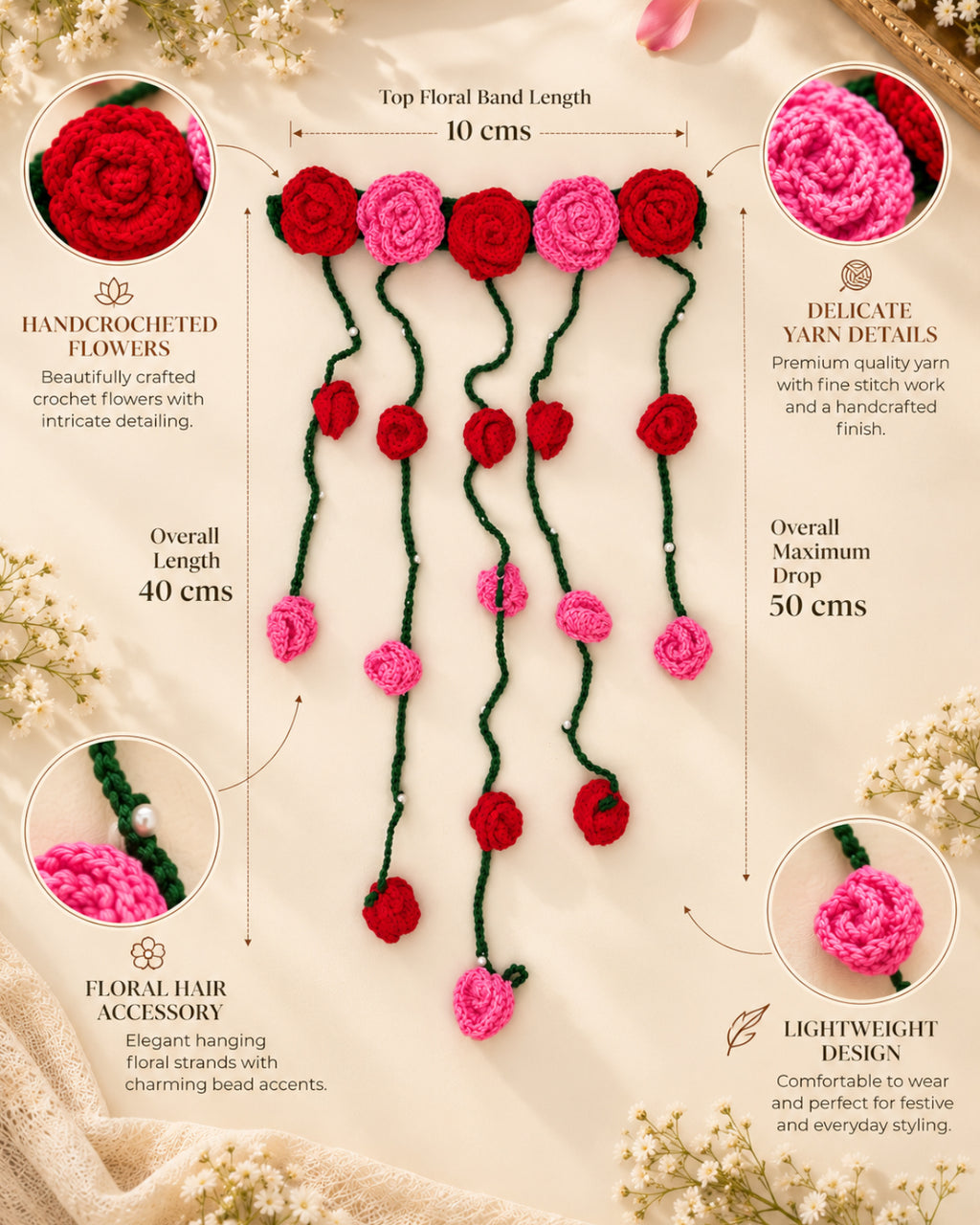 Crochet Floral Hair Tiara – Red Roses & Vine