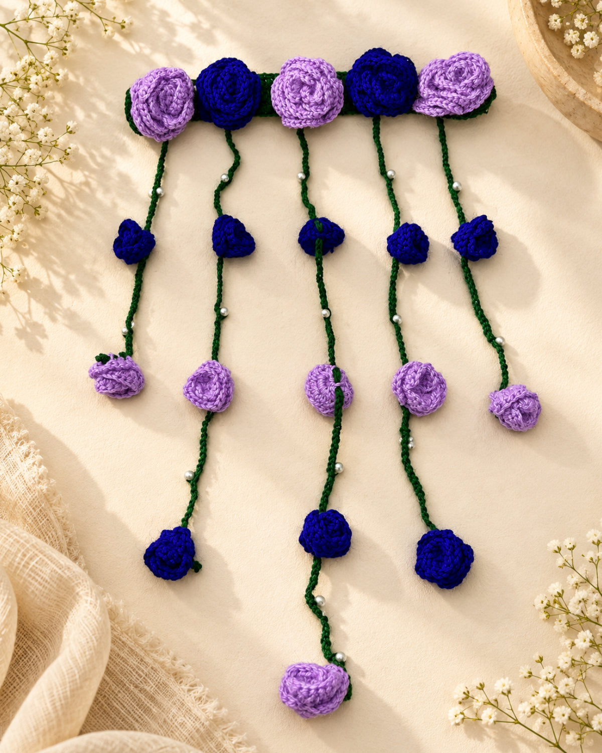 Crochet Floral Hair Tiara – Lavender & Blue