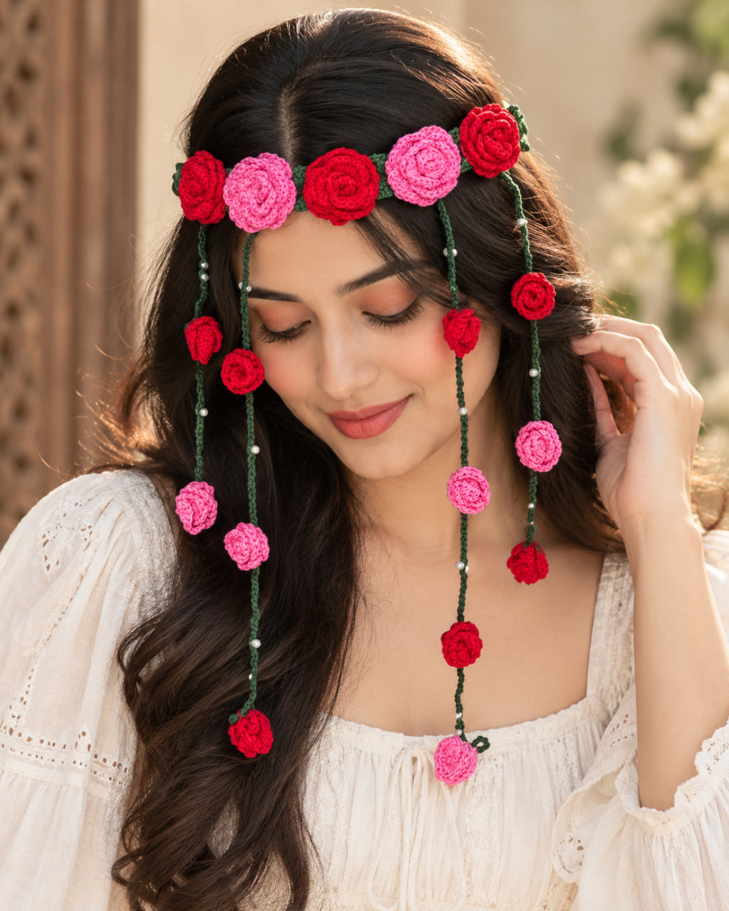 Crochet Floral Hair Tiara – Red Roses & Vine
