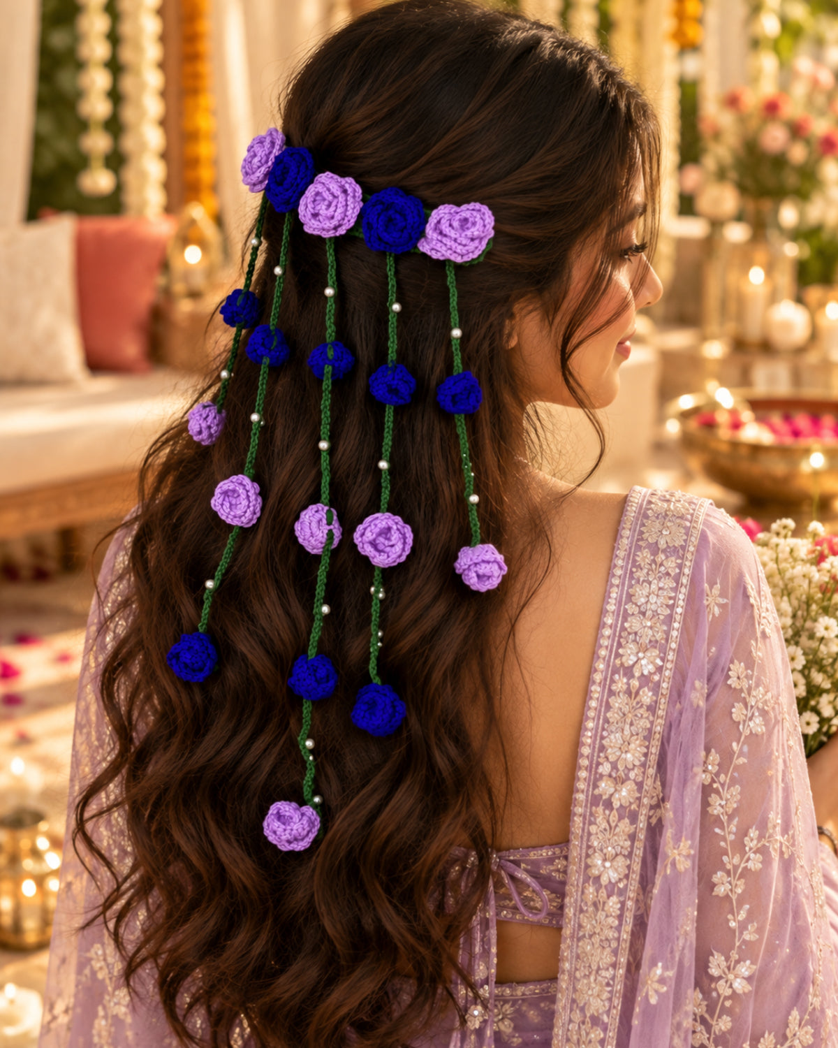 Crochet Floral Hair Tiara – Lavender & Blue