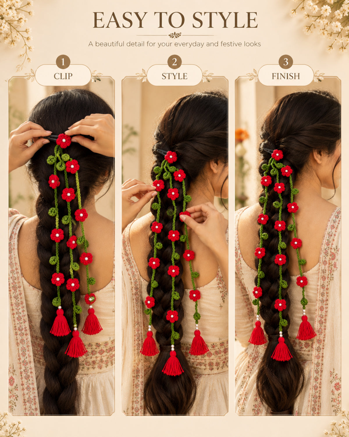 Handmade Crochet Floral Parandi Hair Clip – Red & Green