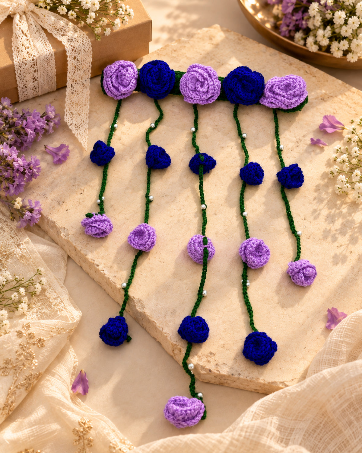 Crochet Floral Hair Tiara – Lavender & Blue